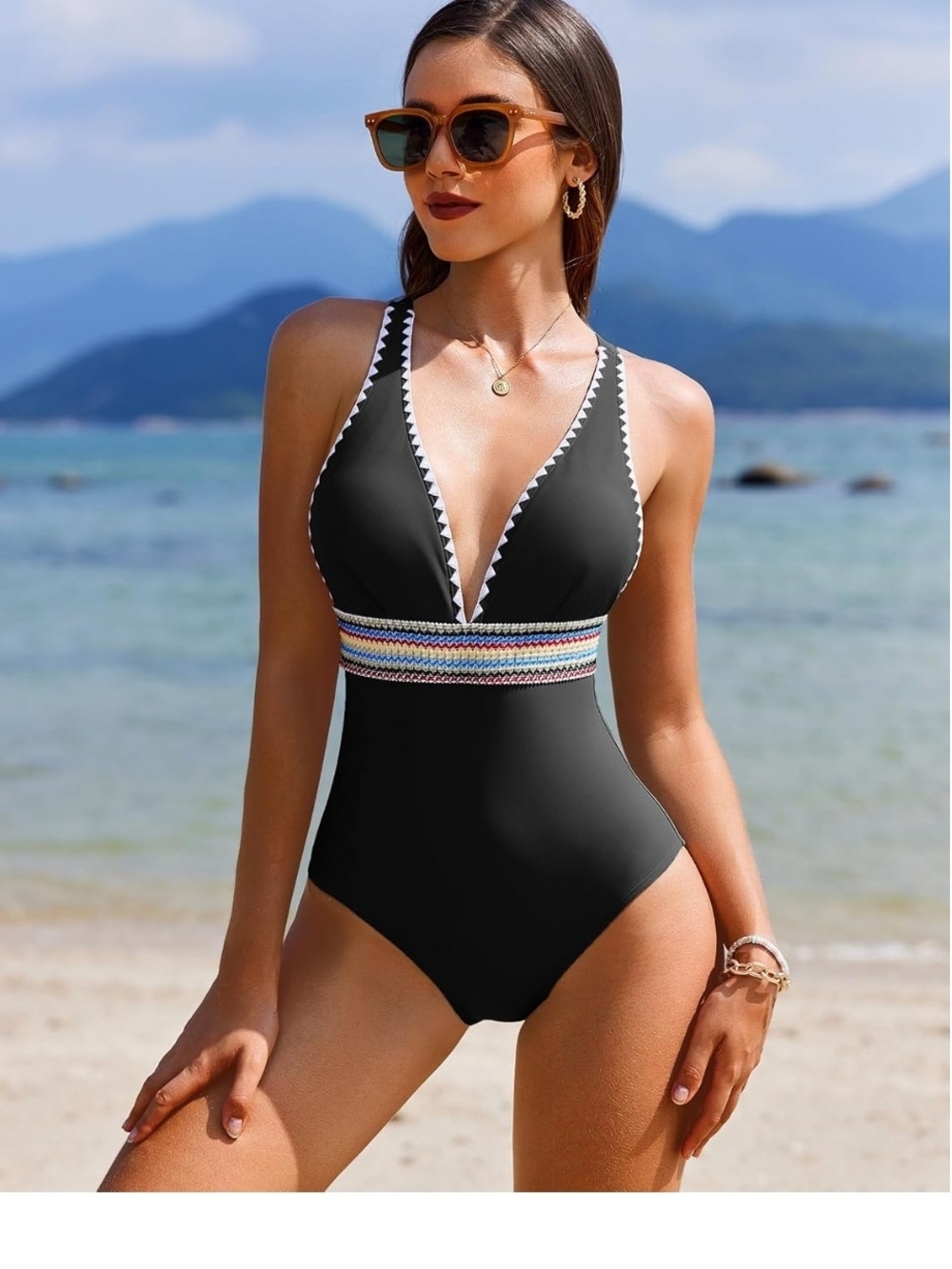 AIMAGE NWT Black Crochet Plunge V-Neck Cross Back One Piece Swimsuit Women XL